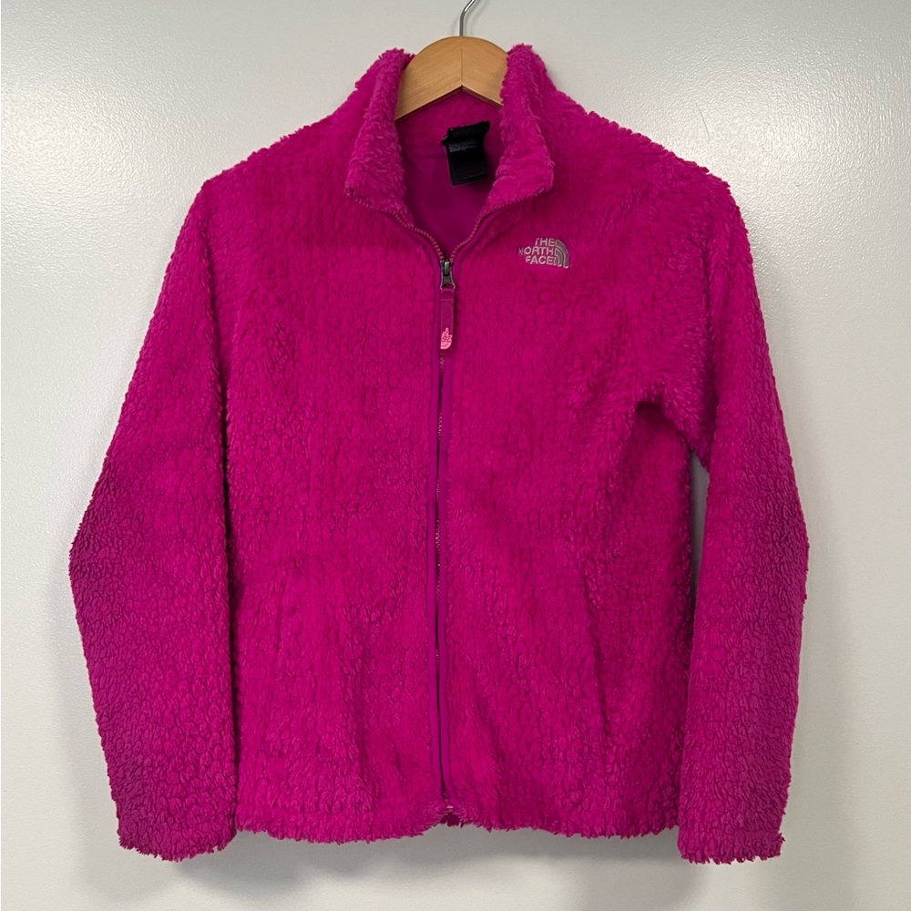 Girls North Face Pink Fuzzy Faux Fur Sherpa Sleeve Full Zip Jacket M 10 12